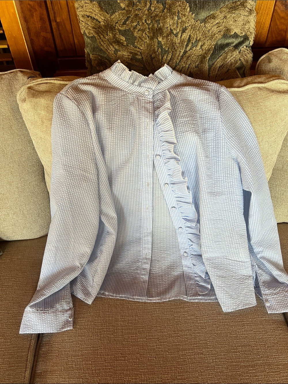 Light Blue Ruffled Front Button Blouse - Picture 1 of 4